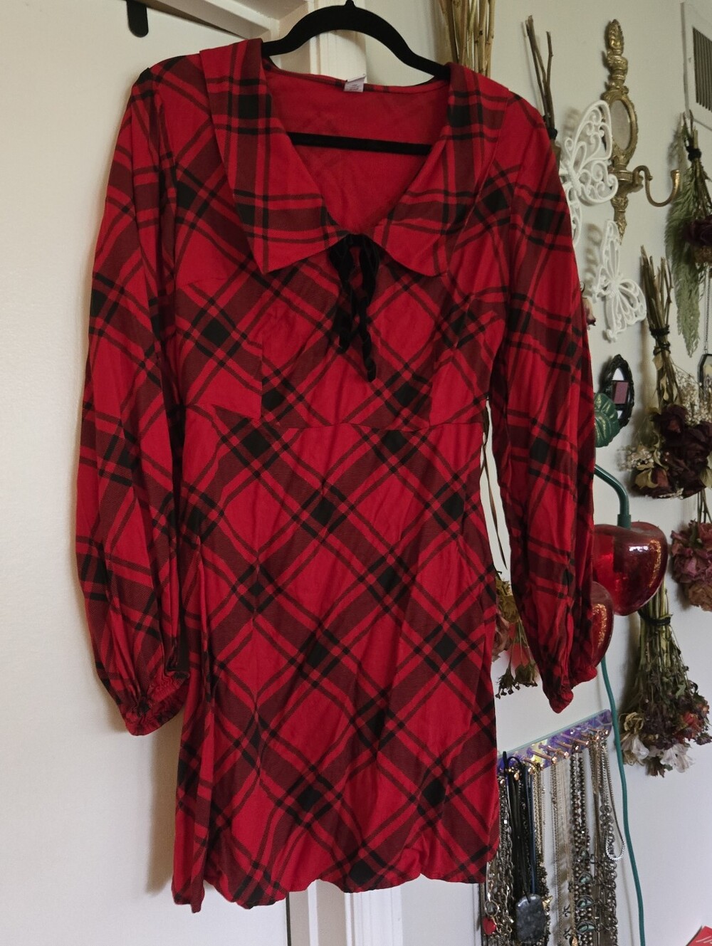 Old Navy Babydoll Red Black Plaid Collared Long Sleeve Dress Md